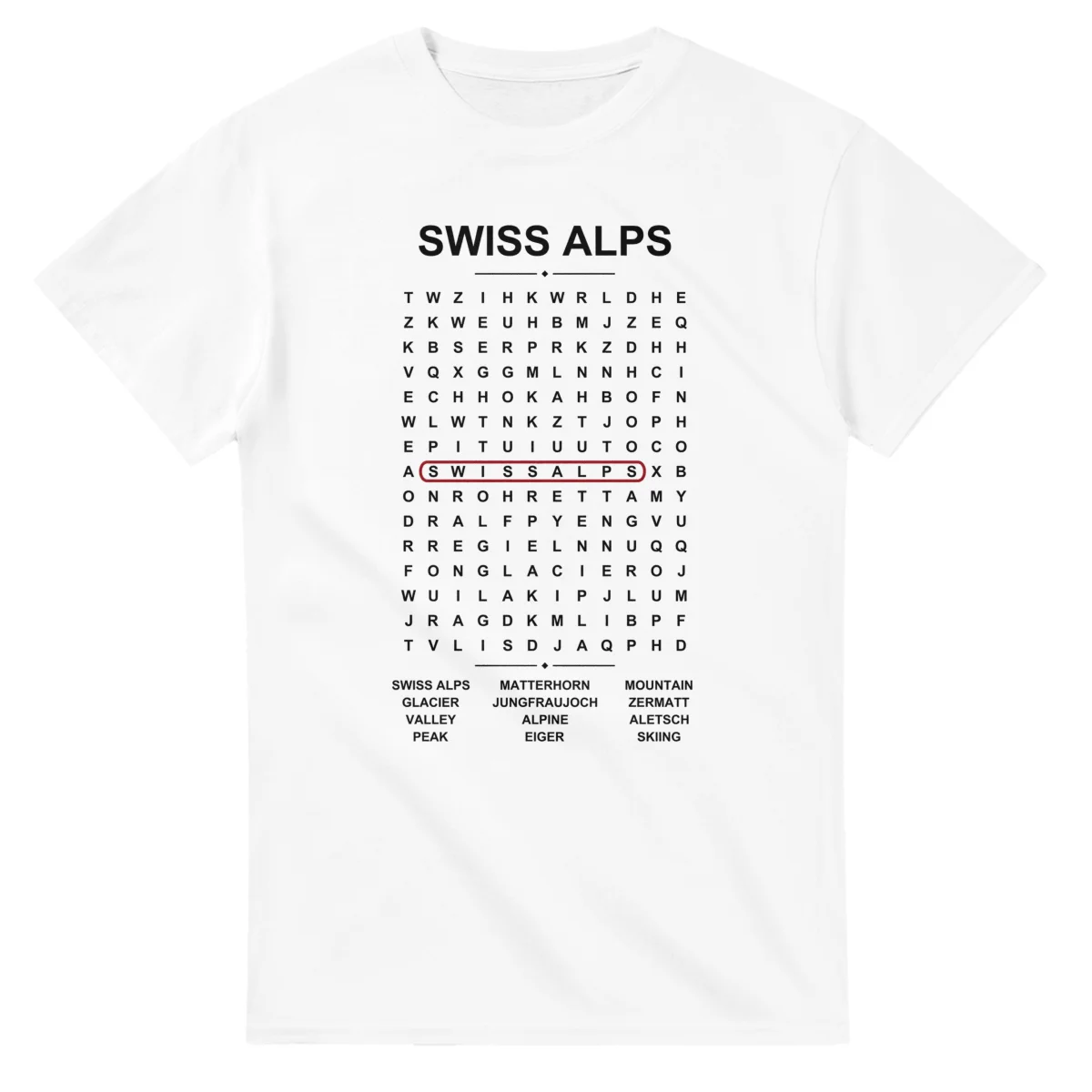 Word-search sheet for Swiss Alps, with a large place-name heading, a letter grid, a local answer list, and a red highlighted example word.