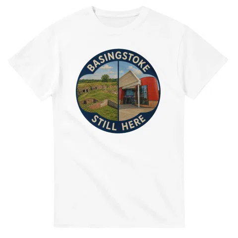 Painted, panelled scenic illustration for Basingstoke, with paired local scenes and the place name in lettering.