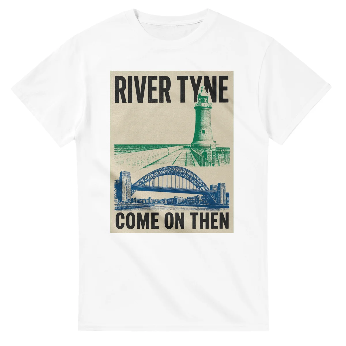 Two-colour scenic illustration for River Tyne, with the place name and COME ON THEN lettering.