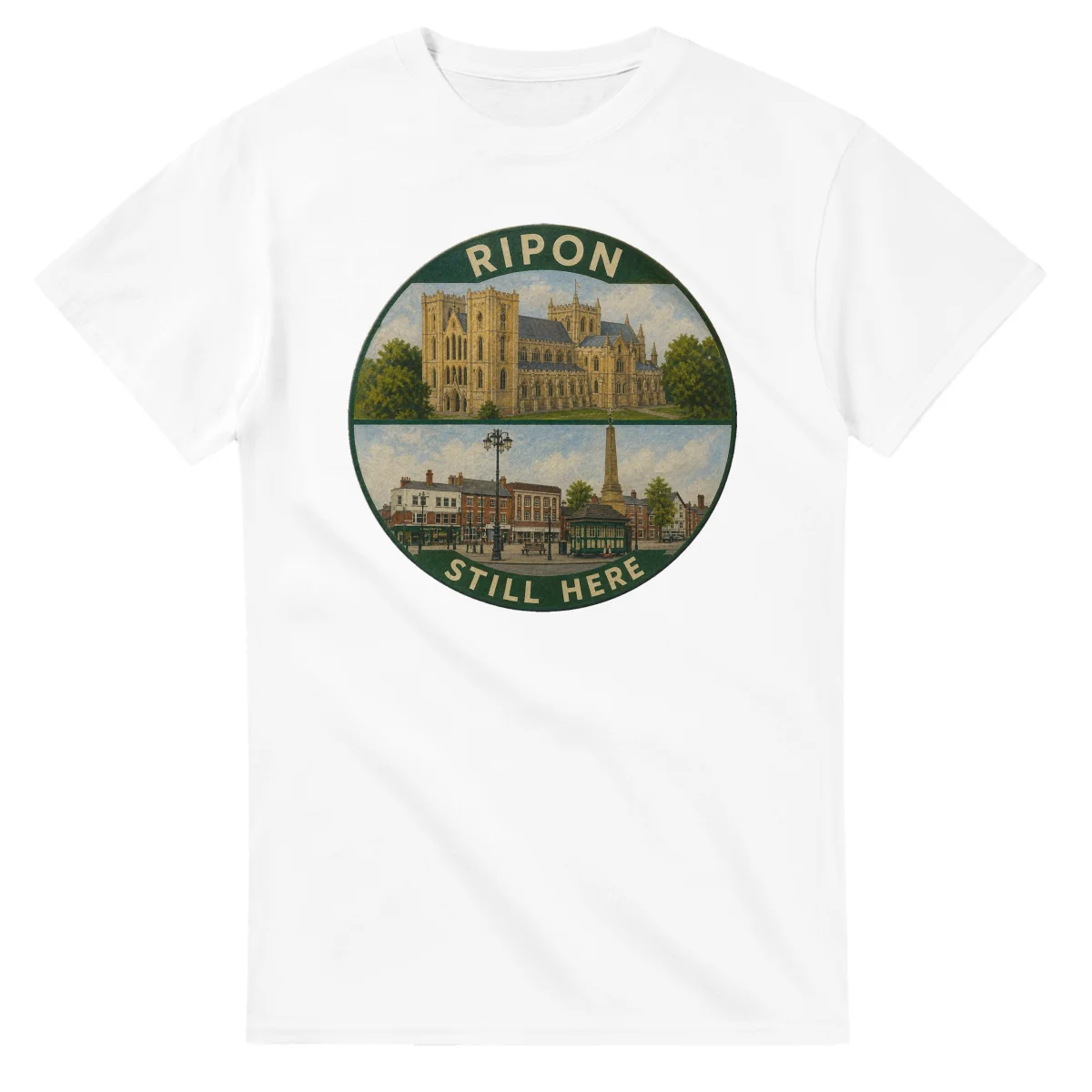 Painted, panelled scenic illustration for Ripon, with paired local scenes and the place name in lettering.