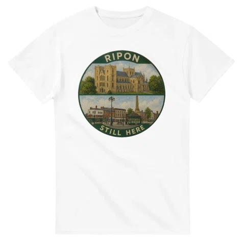 Painted, panelled scenic illustration for Ripon, with paired local scenes and the place name in lettering.
