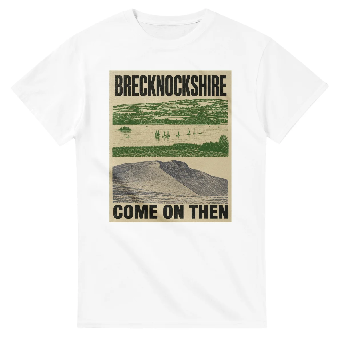 Two-colour scenic illustration for Brecknockshire, with the place name and COME ON THEN lettering.
