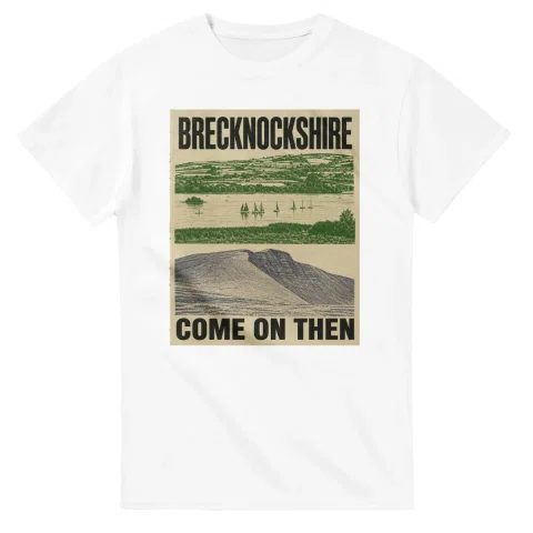 Two-colour scenic illustration for Brecknockshire, with the place name and COME ON THEN lettering.