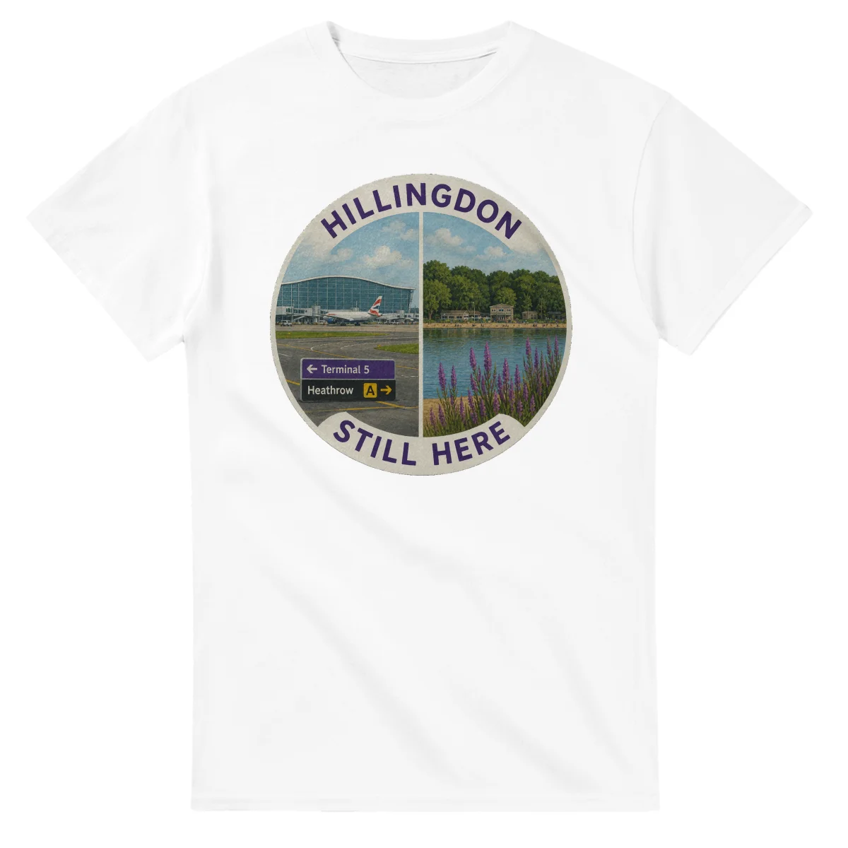 Painted, panelled scenic illustration for London Borough of Hillingdon, with paired local scenes and the place name in lettering.