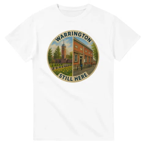Painted, panelled scenic illustration for Warrington, with paired local scenes and the place name in lettering.
