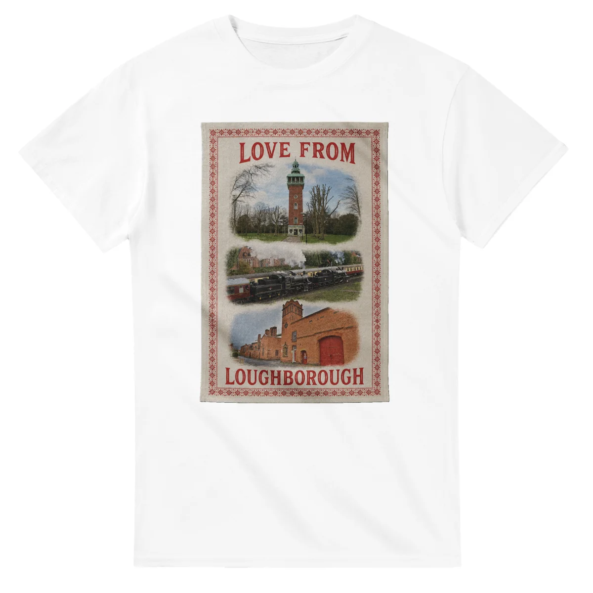 Framed scenic design for Loughborough, with several local views, a decorative border and LOVE FROM lettering.
