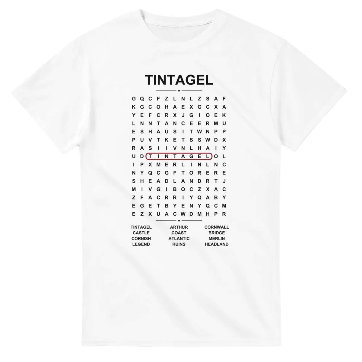 Word-search sheet for Tintagel, with a large place-name heading, a letter grid, a local answer list, and a red highlighted example word.