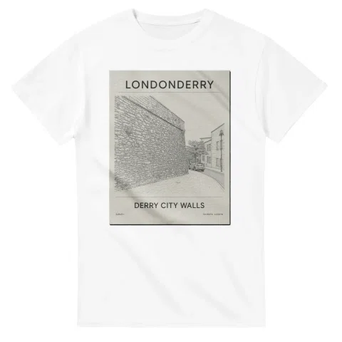 Fine-line engraving-style drawing for Londonderry, with a landmark caption and small coordinate text.