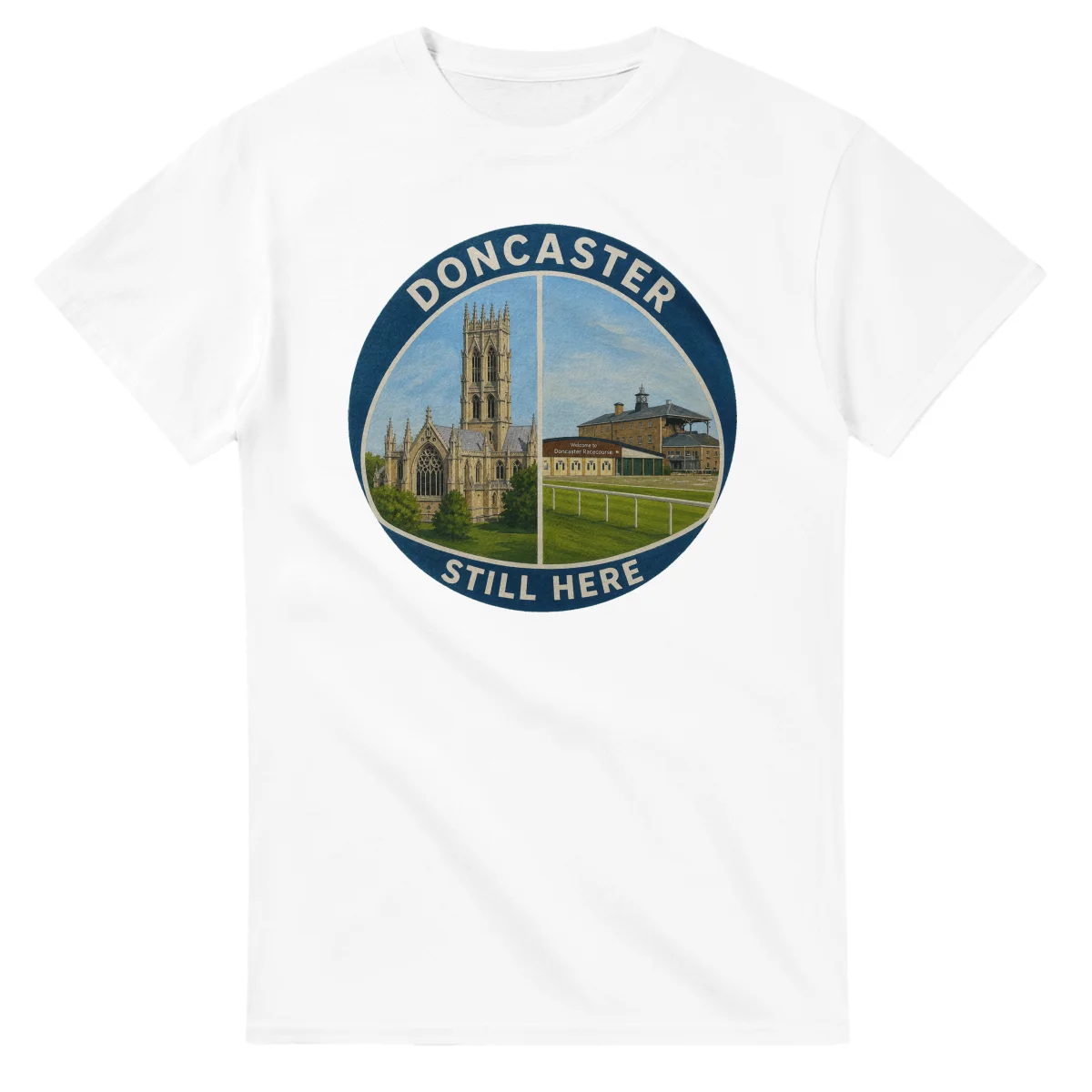 Painted, panelled scenic illustration for Doncaster, with paired local scenes and the place name in lettering.