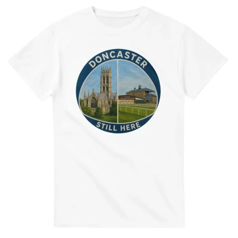 Painted, panelled scenic illustration for Doncaster, with paired local scenes and the place name in lettering.