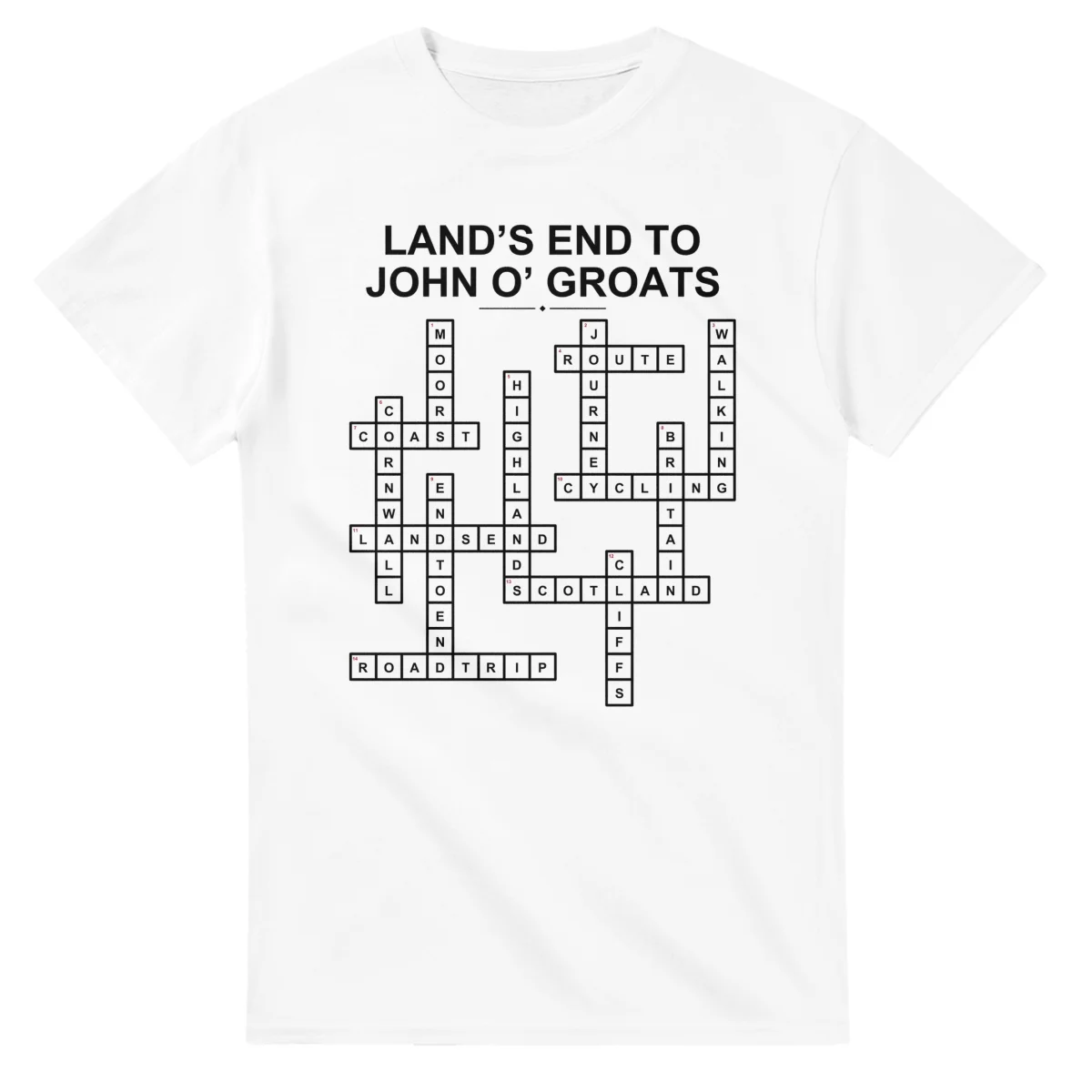 Monochrome crossword sheet for Land’s End to John o’ Groats, with a large place-name heading, a letter grid, and numbered across and down clues.