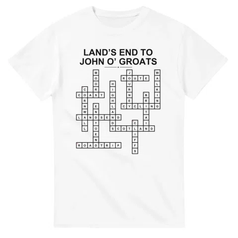 Monochrome crossword sheet for Land’s End to John o’ Groats, with a large place-name heading, a letter grid, and numbered across and down clues.