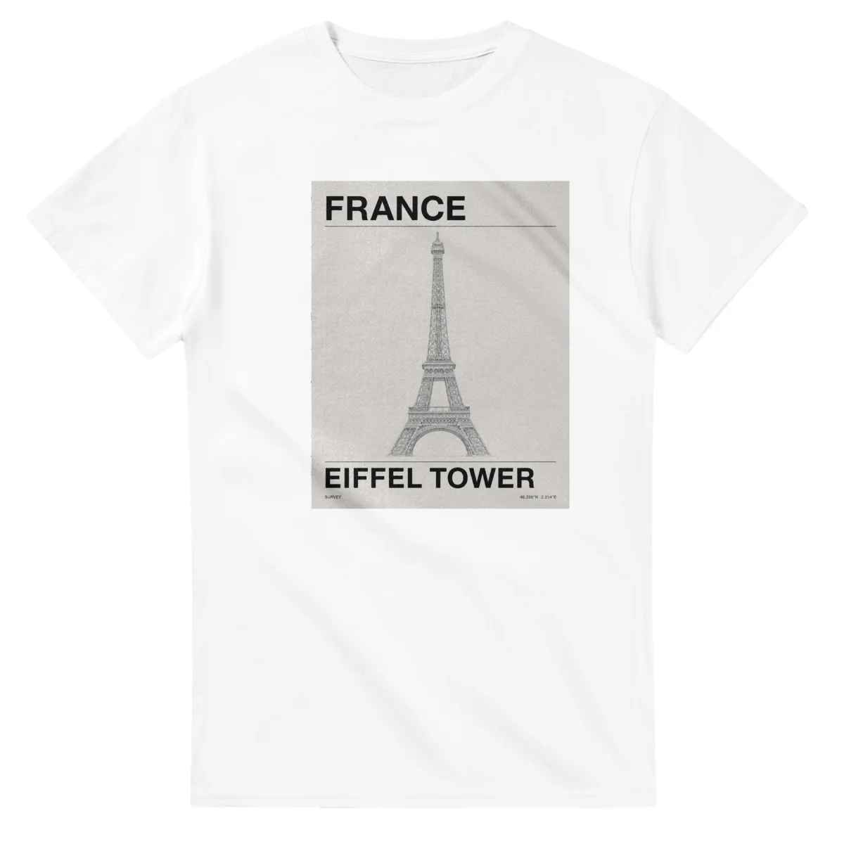 Fine-line engraving-style drawing for France, with a landmark caption and small coordinate text.
