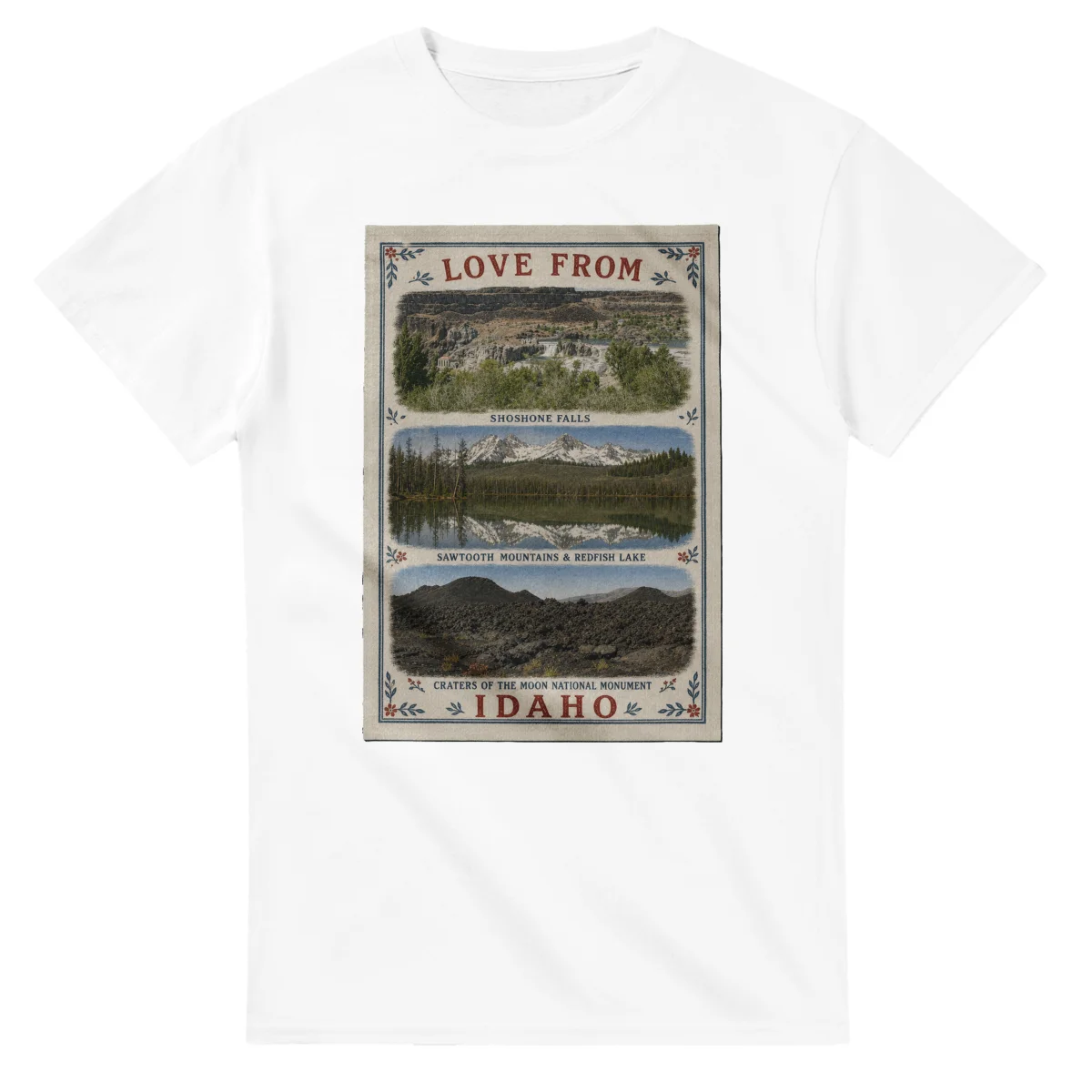 Framed scenic design for Idaho, with several local views, a decorative border and LOVE FROM lettering.