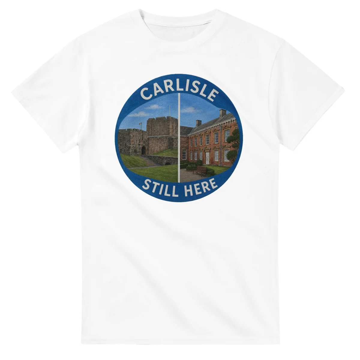 Painted, panelled scenic illustration for Carlisle, with paired local scenes and the place name in lettering.