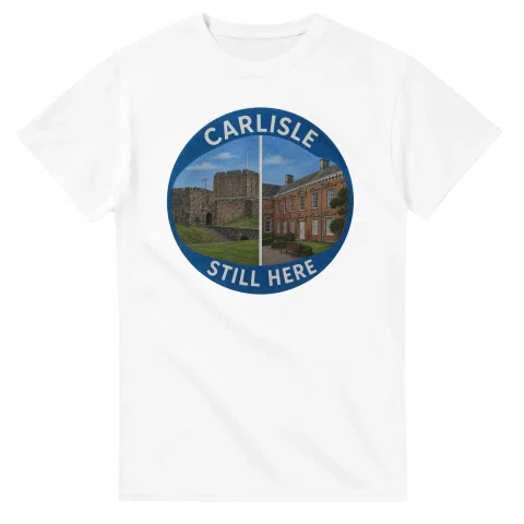Painted, panelled scenic illustration for Carlisle, with paired local scenes and the place name in lettering.