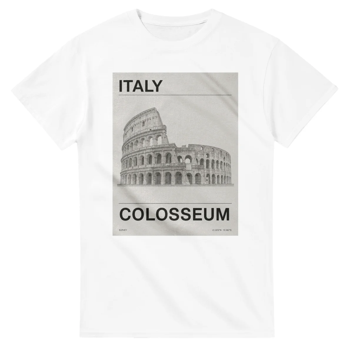 Fine-line engraving-style drawing for Italy, with a landmark caption and small coordinate text.