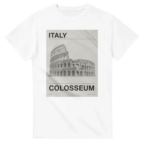 Fine-line engraving-style drawing for Italy, with a landmark caption and small coordinate text.