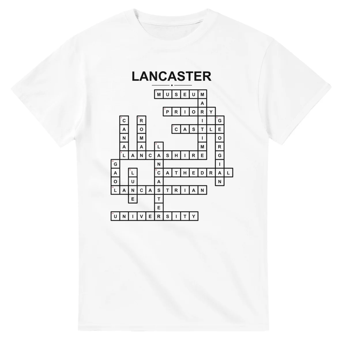 Monochrome crossword sheet for Lancaster, with a large place-name heading, a letter grid, and numbered across and down clues.
