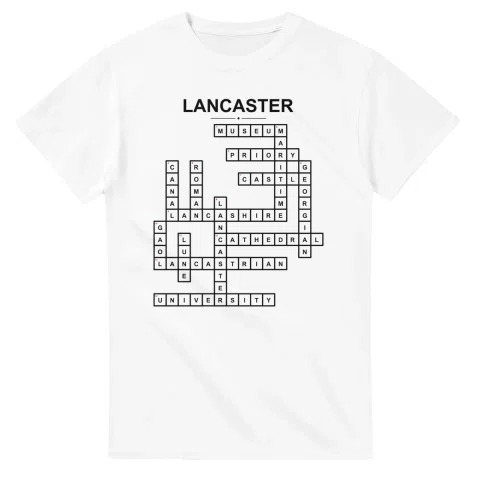 Monochrome crossword sheet for Lancaster, with a large place-name heading, a letter grid, and numbered across and down clues.