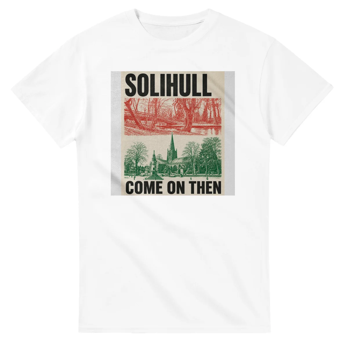 Two-colour scenic illustration for Solihull, with the place name and COME ON THEN lettering.