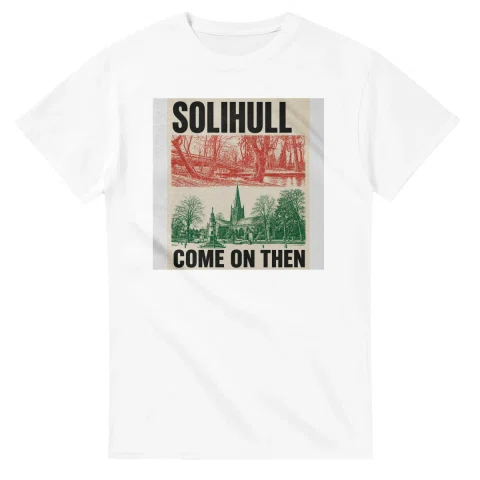 Two-colour scenic illustration for Solihull, with the place name and COME ON THEN lettering.