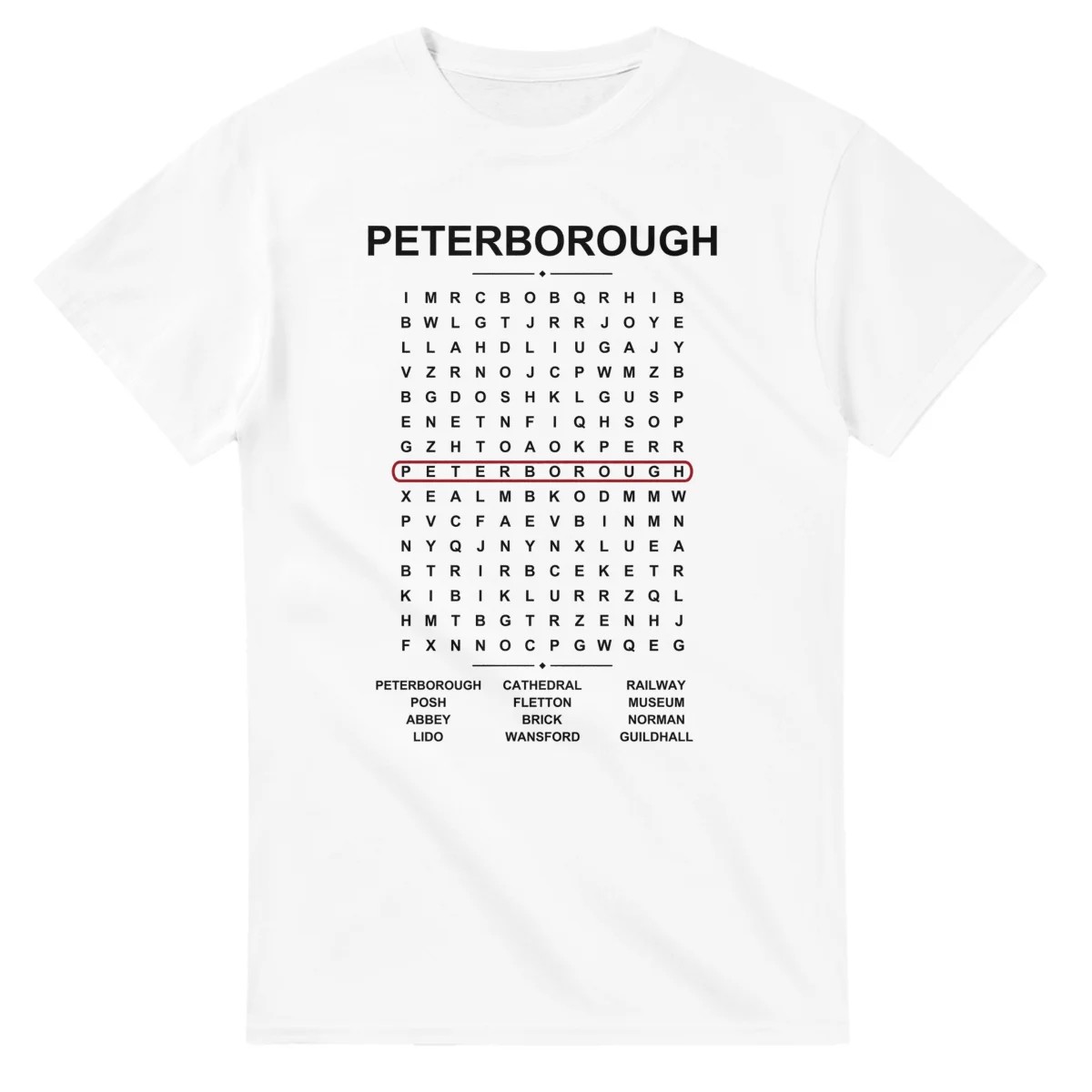 Word-search sheet for Peterborough, with a large place-name heading, a letter grid, a local answer list, and a red highlighted example word.