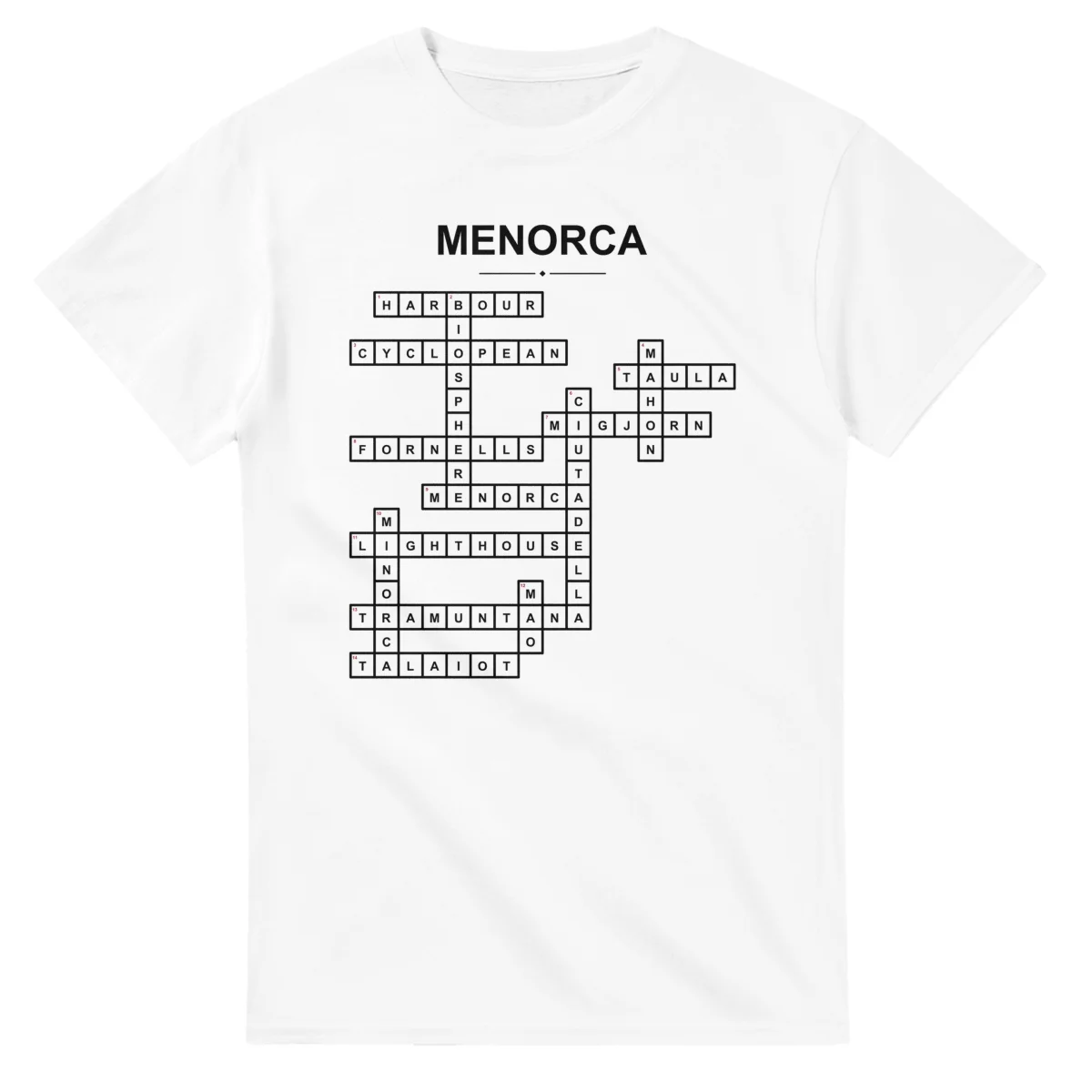 Monochrome crossword sheet for Menorca, with a large place-name heading, a letter grid, and numbered across and down clues.