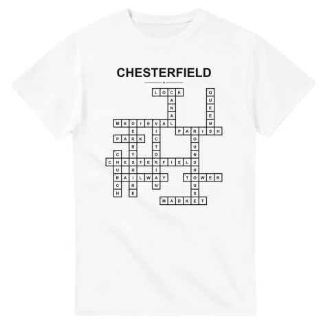 Monochrome crossword sheet for Chesterfield, with a large place-name heading, a letter grid, and numbered across and down clues.