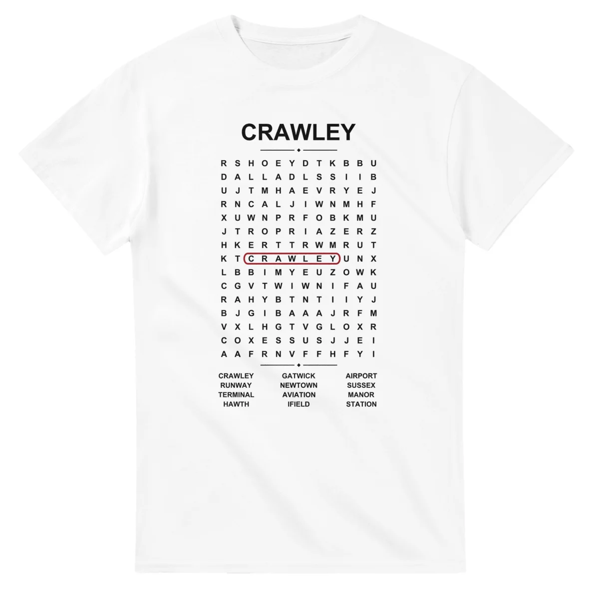 Word-search sheet for Crawley, with a large place-name heading, a letter grid, a local answer list, and a red highlighted example word.