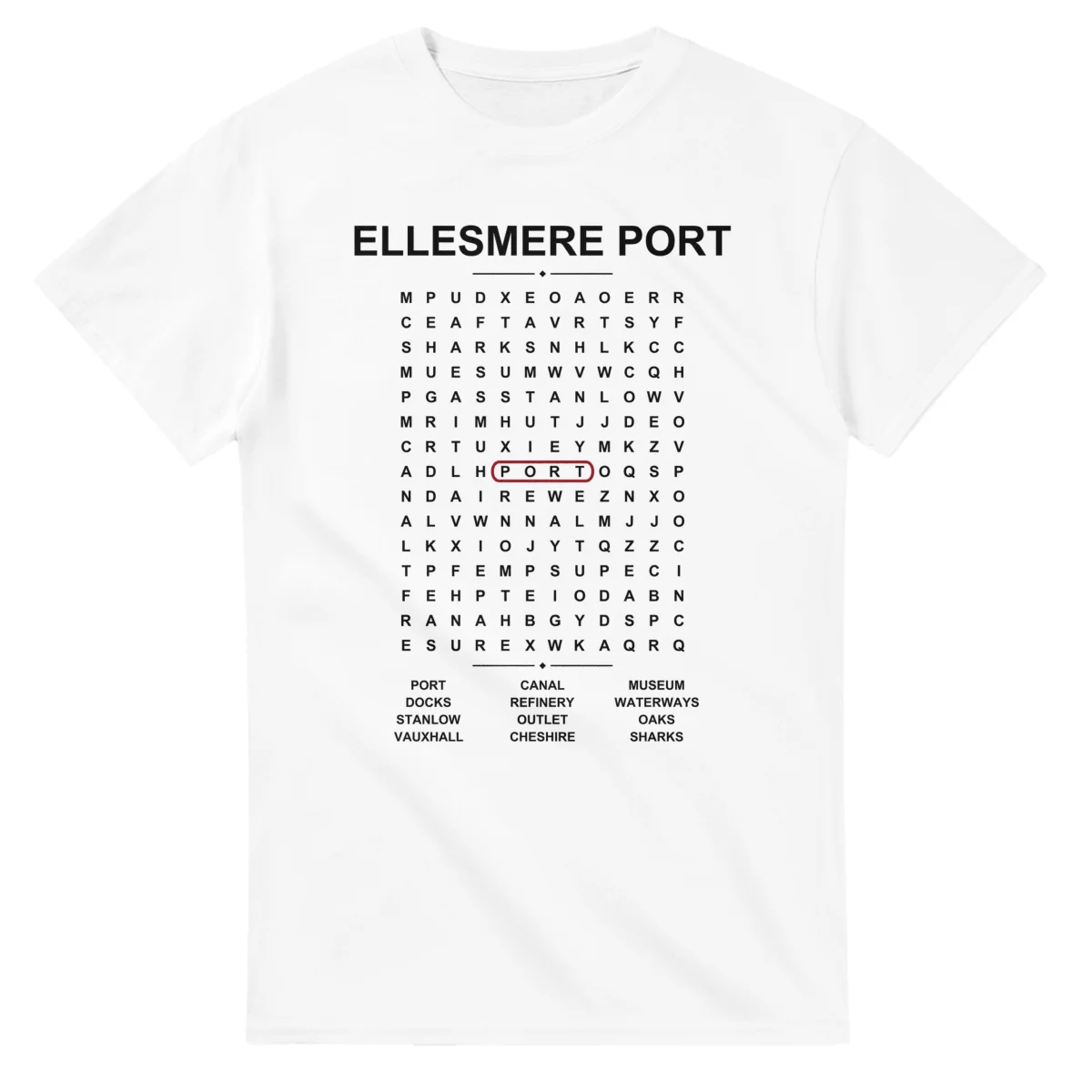 Word-search sheet for Ellesmere Port, with a large place-name heading, a letter grid, a local answer list, and a red highlighted example word.