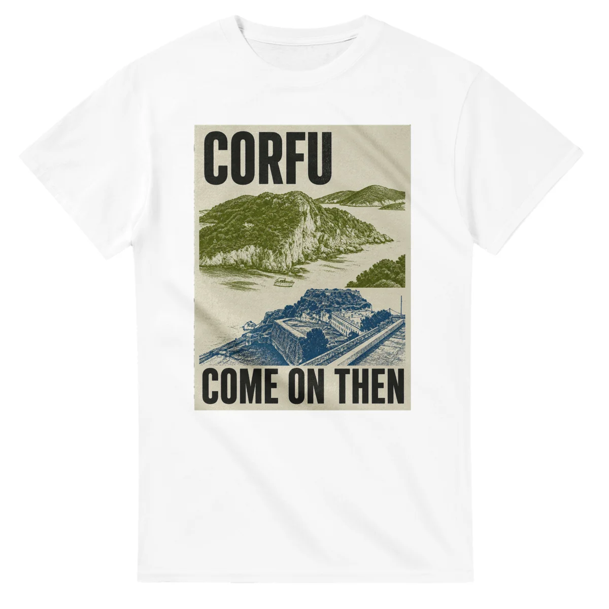 Two-colour scenic illustration for Corfu, with the place name and COME ON THEN lettering.