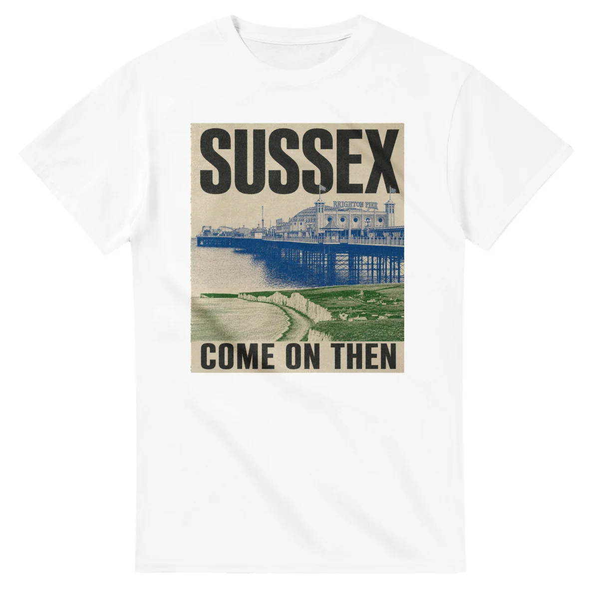 Two-colour scenic illustration for Sussex, with the place name and COME ON THEN lettering.