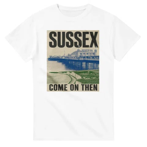 Two-colour scenic illustration for Sussex, with the place name and COME ON THEN lettering.