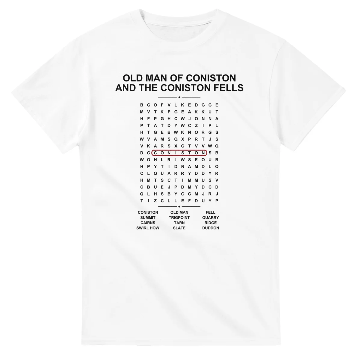 Word-search sheet for Old Man of Coniston, with a large place-name heading, a letter grid, a local answer list, and a red highlighted example word.