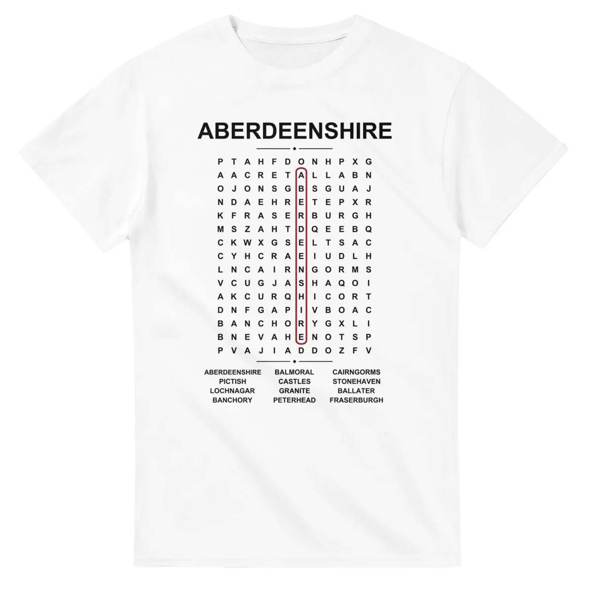 Word-search sheet for Aberdeenshire, with a large place-name heading, a letter grid, a local answer list, and a red highlighted example word.