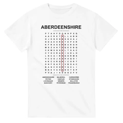 Word-search sheet for Aberdeenshire, with a large place-name heading, a letter grid, a local answer list, and a red highlighted example word.
