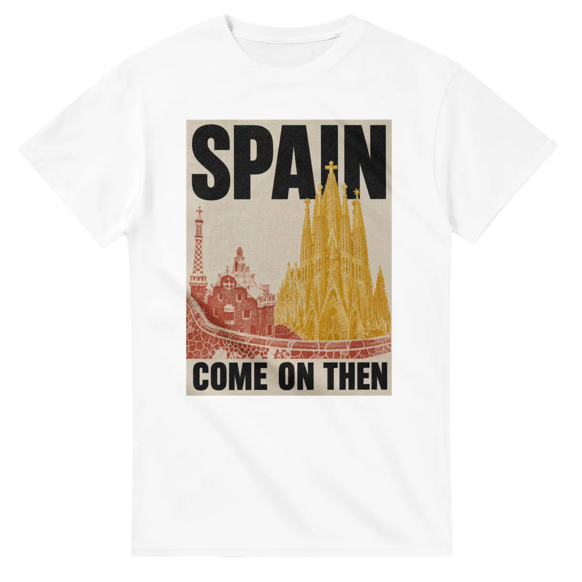 Two-colour scenic illustration for Spain, with the place name and COME ON THEN lettering.