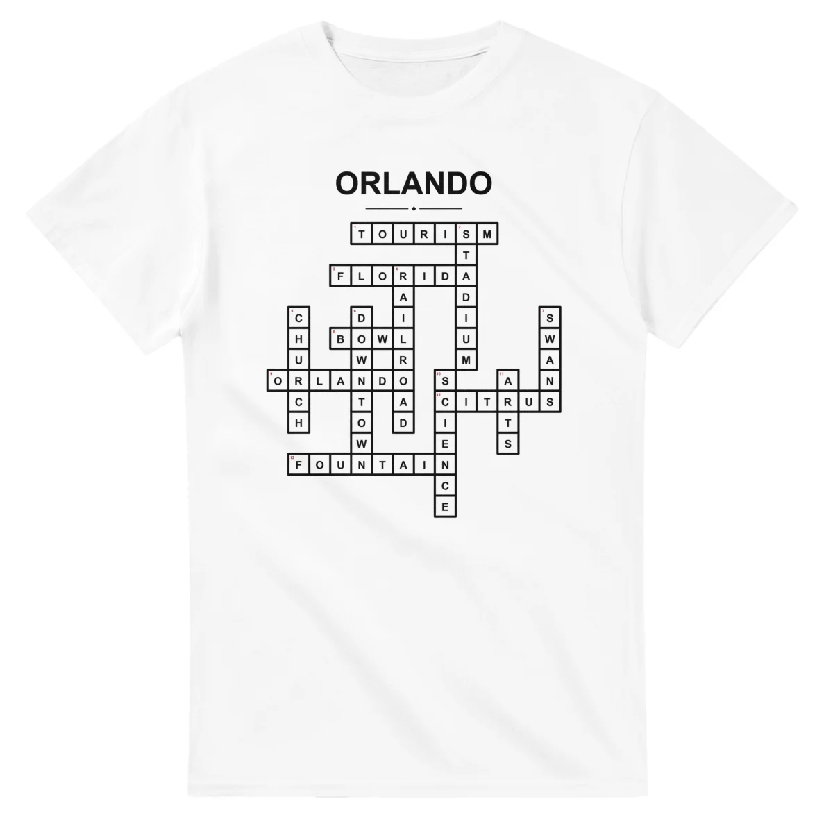 Monochrome crossword sheet for Orlando, with a large place-name heading, a letter grid, and numbered across and down clues.
