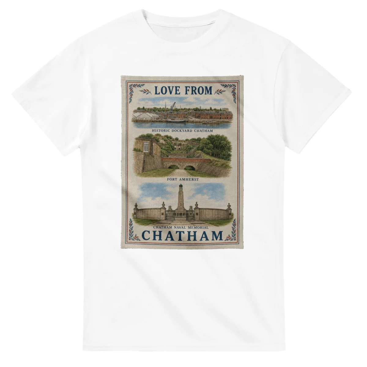 Framed scenic design for Chatham, with several local views, a decorative border and LOVE FROM lettering.
