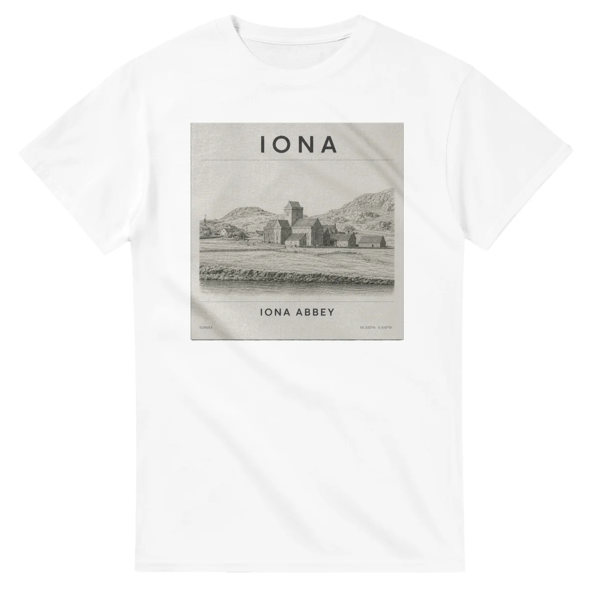 Fine-line engraving-style drawing for Iona, with a landmark caption and small coordinate text.