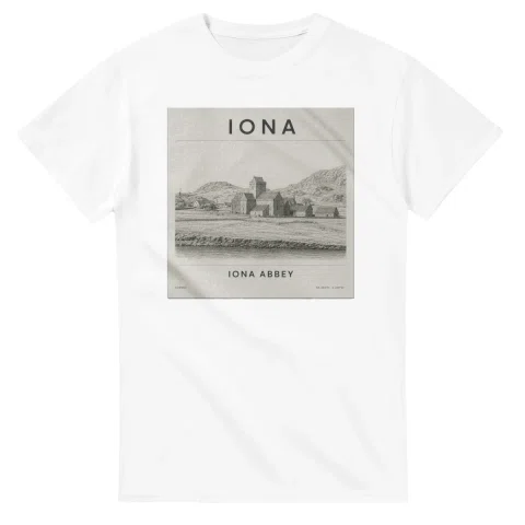 Fine-line engraving-style drawing for Iona, with a landmark caption and small coordinate text.
