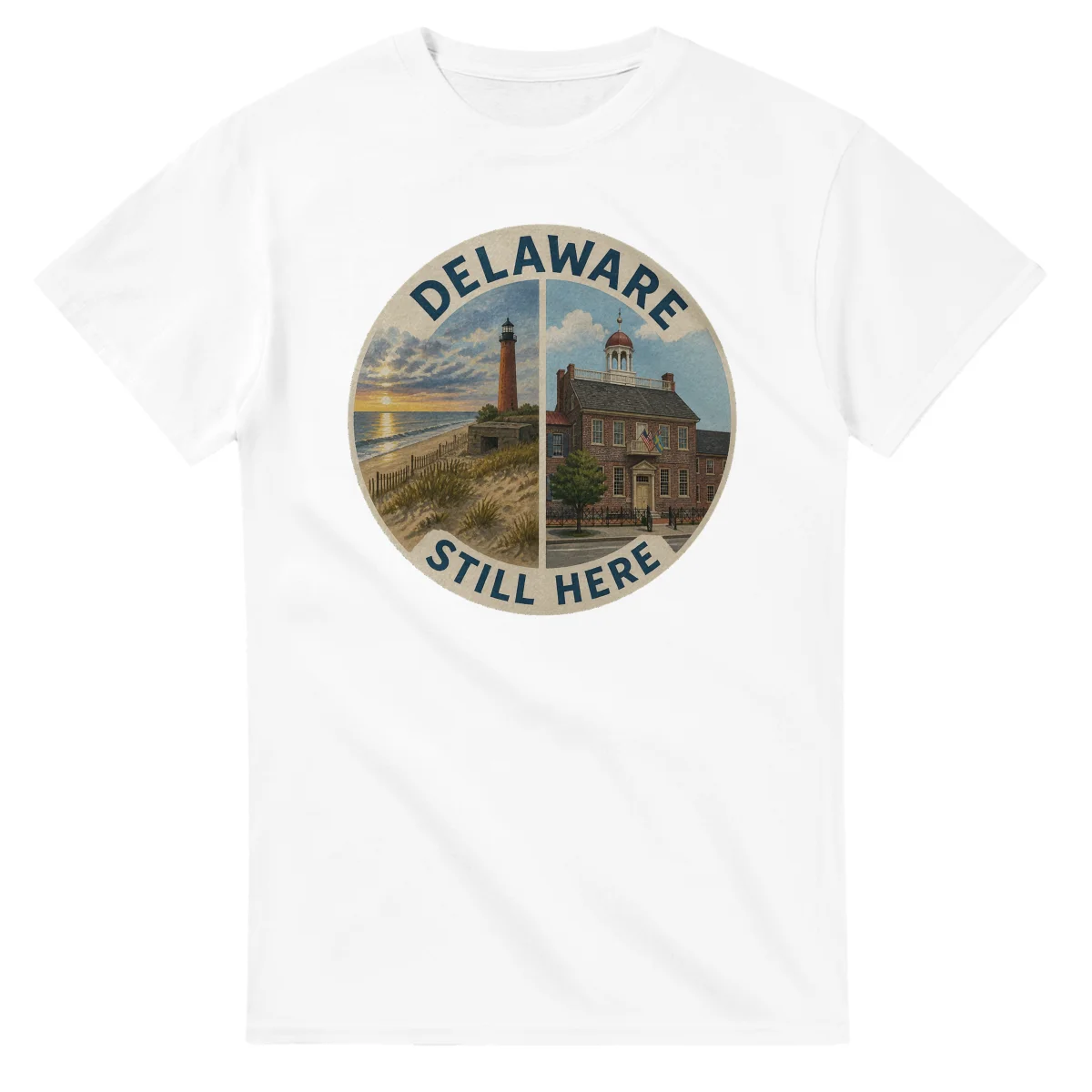 Painted, panelled scenic illustration for Delaware, with paired local scenes and the place name in lettering.
