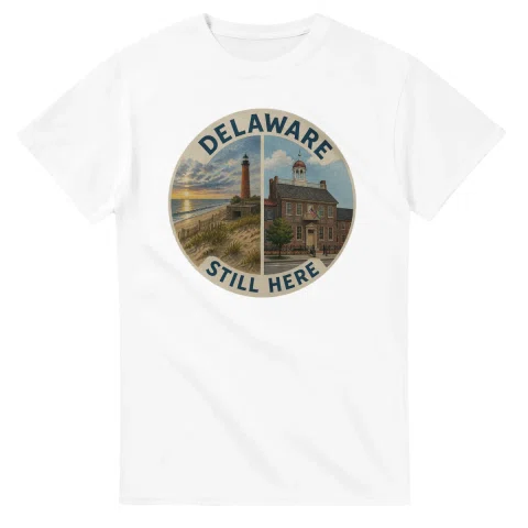 Painted, panelled scenic illustration for Delaware, with paired local scenes and the place name in lettering.