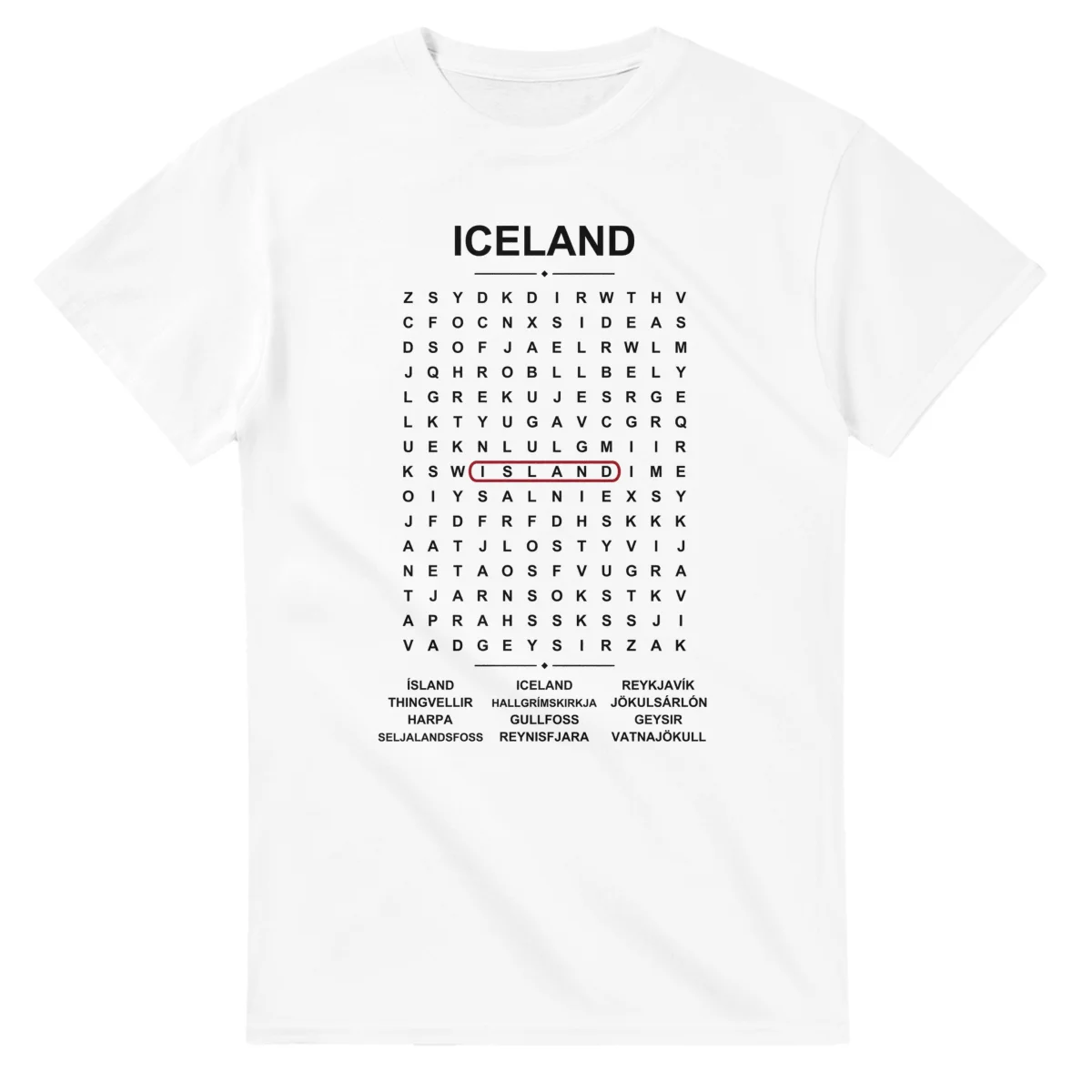 Word-search sheet for Iceland, with a large place-name heading, a letter grid, a local answer list, and a red highlighted example word.
