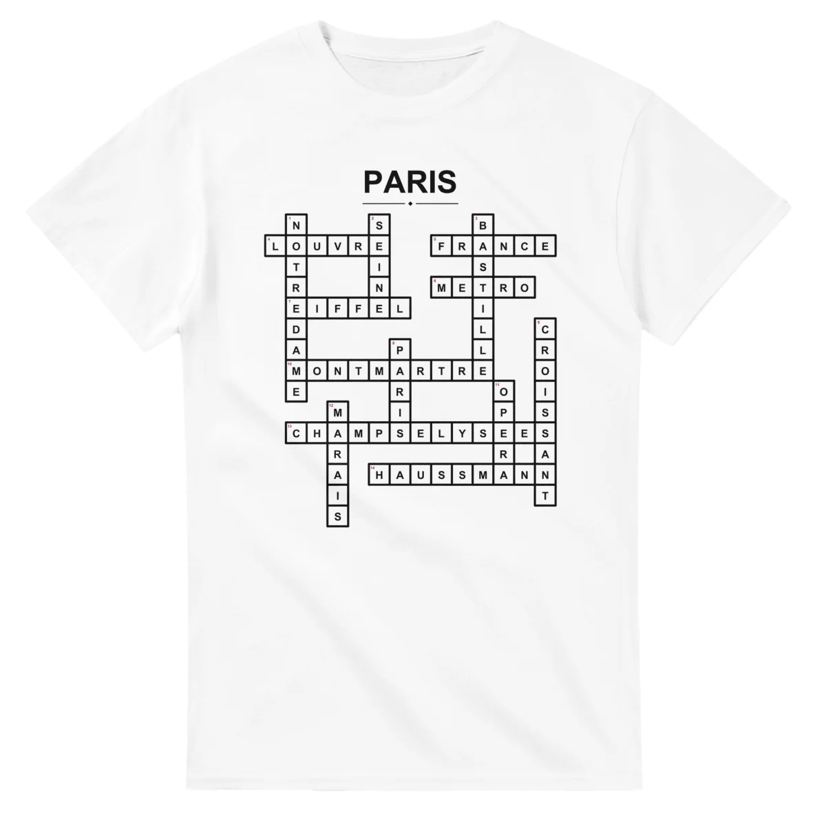 Monochrome crossword sheet for Paris, with a large place-name heading, a letter grid, and numbered across and down clues.