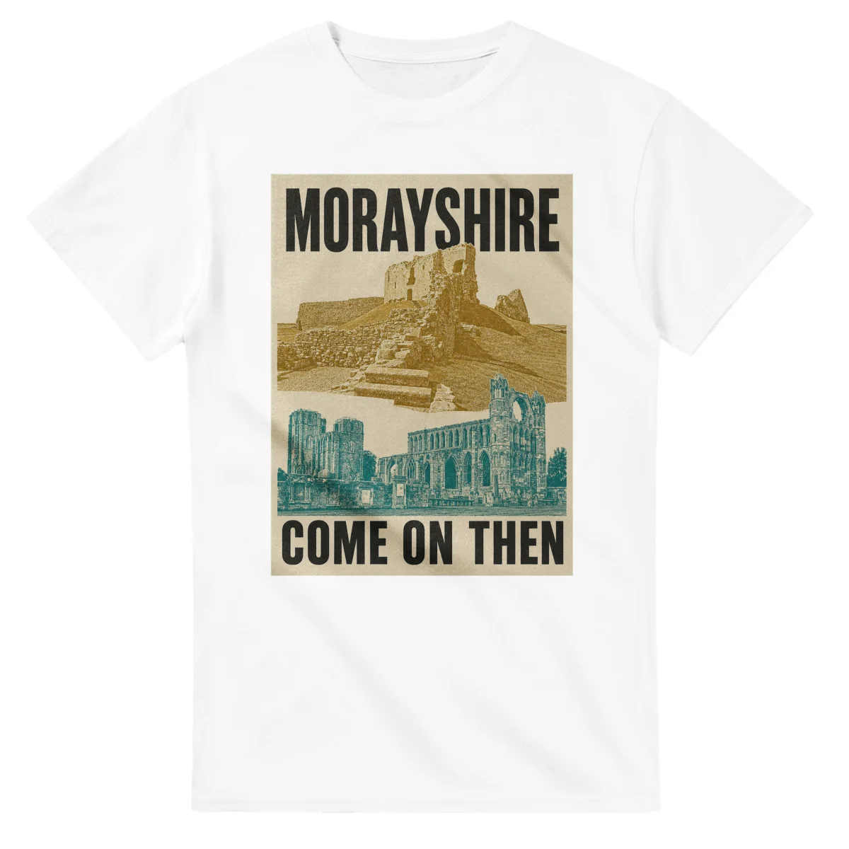 Two-colour scenic illustration for Morayshire, with the place name and COME ON THEN lettering.