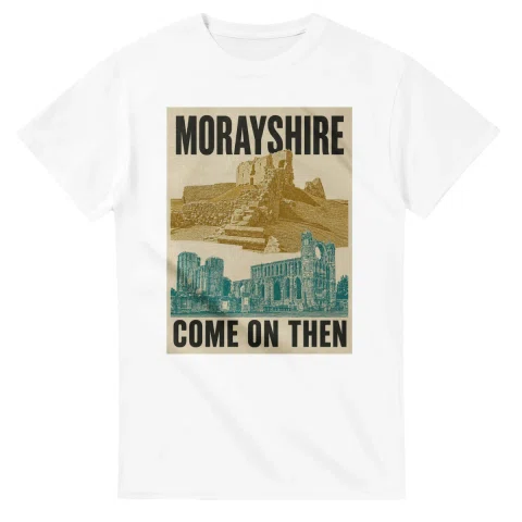 Two-colour scenic illustration for Morayshire, with the place name and COME ON THEN lettering.