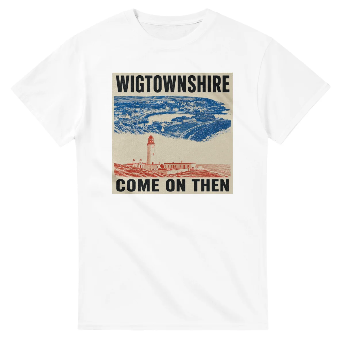 Two-colour scenic illustration for Wigtownshire, with the place name and COME ON THEN lettering.