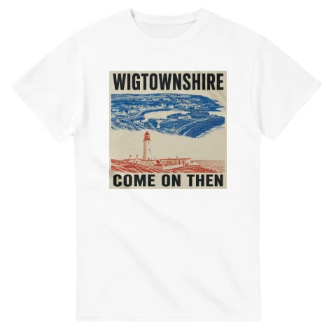 Two-colour scenic illustration for Wigtownshire, with the place name and COME ON THEN lettering.